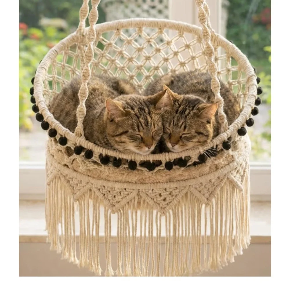 Boho Macramé Hanging Basket with Black Pom-Pom Trim - Picture 1 of 4